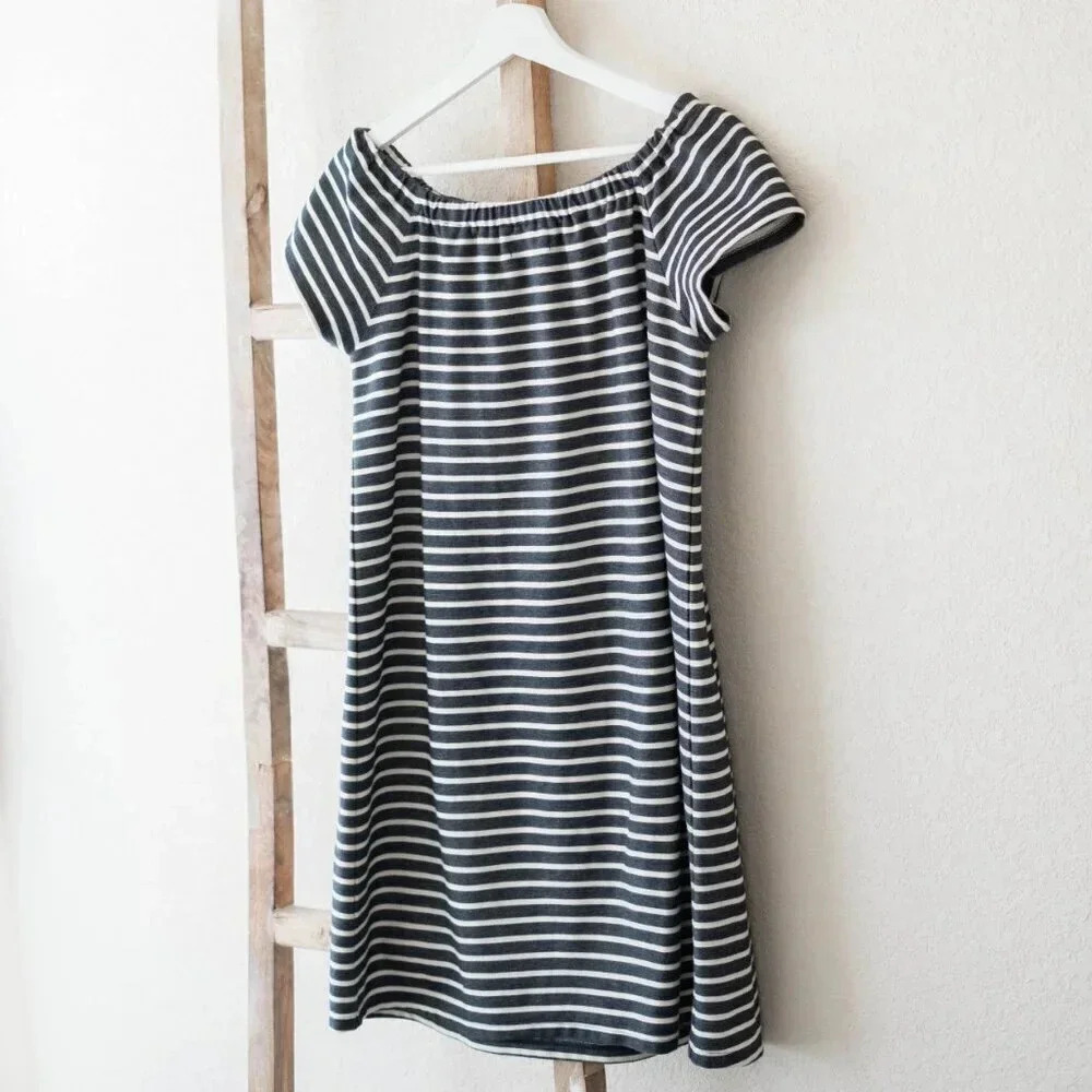 MADEWELL MELODY DRESS Sz Medium BLACK WHITE STRIPE SHORT SLEEVE OFF SHOULDER - Picture 4 of 8